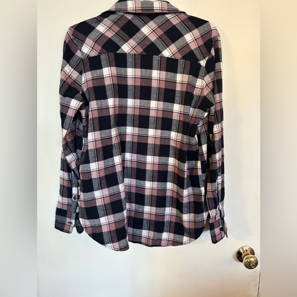 Orvis ladies, small flannel button down plaid pink white blue